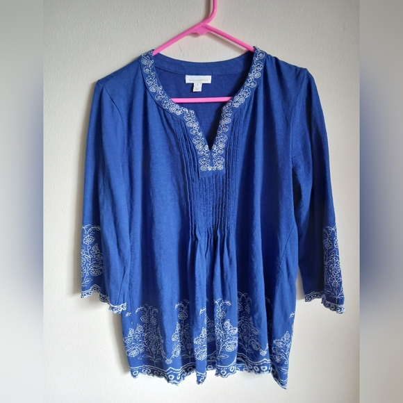 Charter Club Blue White Embroidered pleated top - Picture 1 of 11